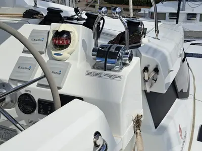 Cockpit of MARGUERITE, a Fountaine Pajot Astréa 42 catamaran at La Favière, France