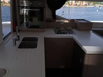 Galley of MARGUERITE, a Fountaine Pajot Astréa 42 catamaran at La Favière, France