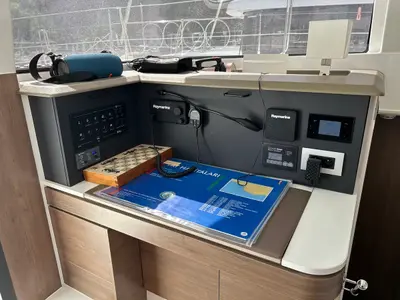 Cockpit of Sah Mat, a Bali 4.2 OW catamaran at Fethiye, Turkey