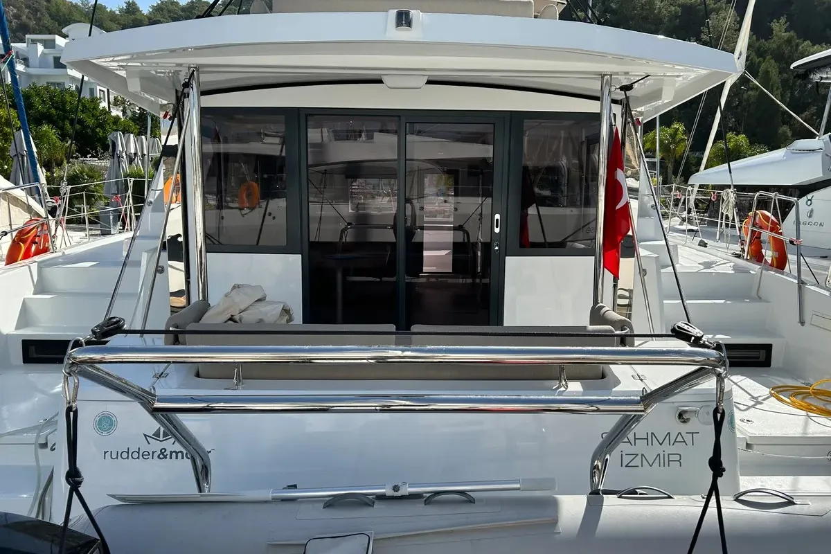 Exterior view of Sah Mat, a Bali 4.2 OW catamaran at Fethiye, Turkey