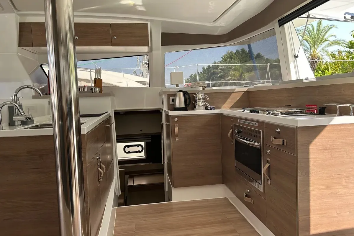 Galley of Sah Mat, a Bali 4.2 OW catamaran at Fethiye, Turkey