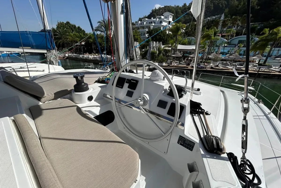 Cockpit of Sah Mat, a Bali 4.2 OW catamaran at Fethiye, Turkey