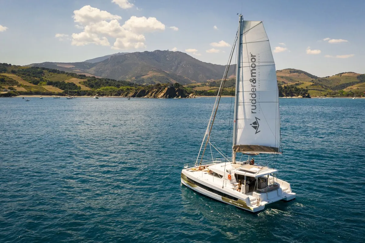 Exterior view of Sah Mat, a Bali 4.2 OW catamaran at Fethiye, Turkey
