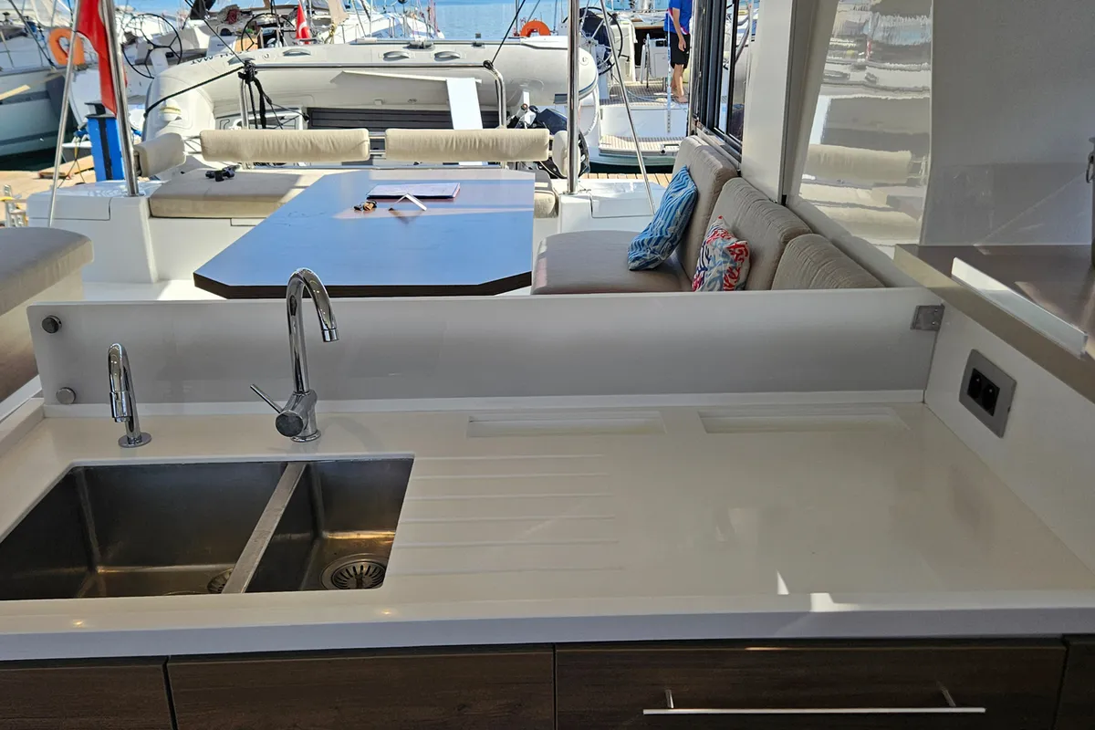 Galley of Sah Mat, a Bali 4.2 OW catamaran at Fethiye, Turkey