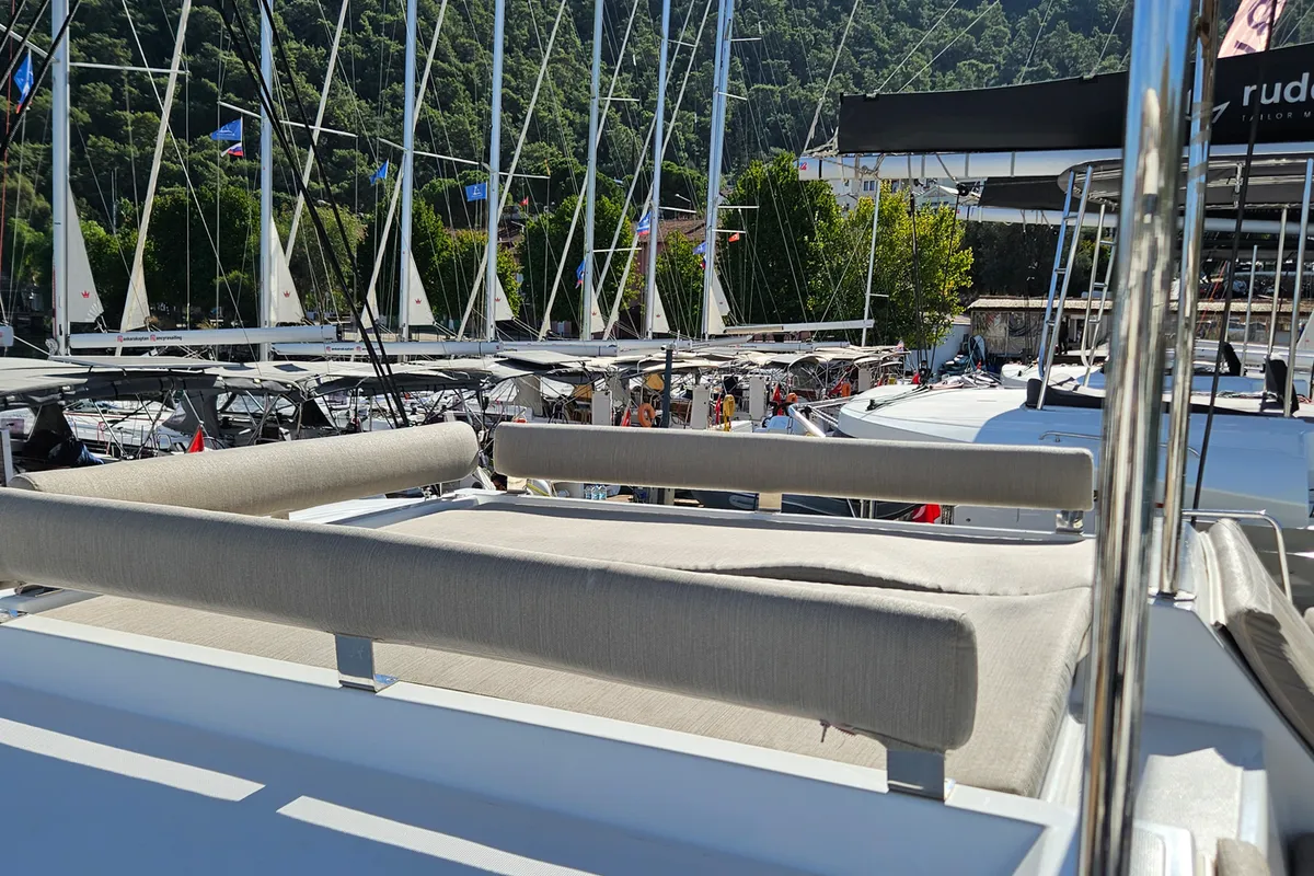 Deck of Sah Mat, a Bali 4.2 OW catamaran at Fethiye, Turkey