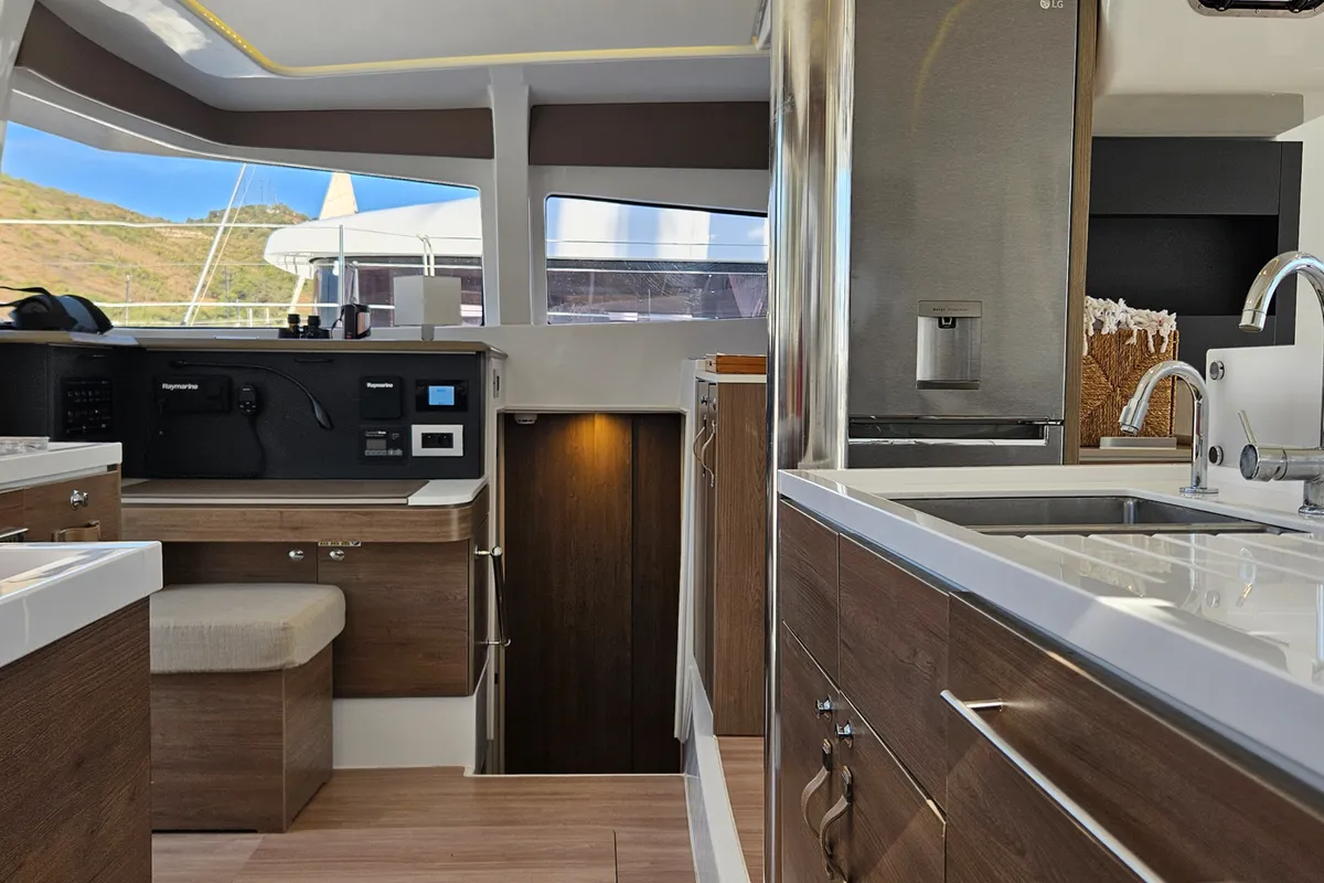 Galley of Sah Mat, a Bali 4.2 OW catamaran at Fethiye, Turkey