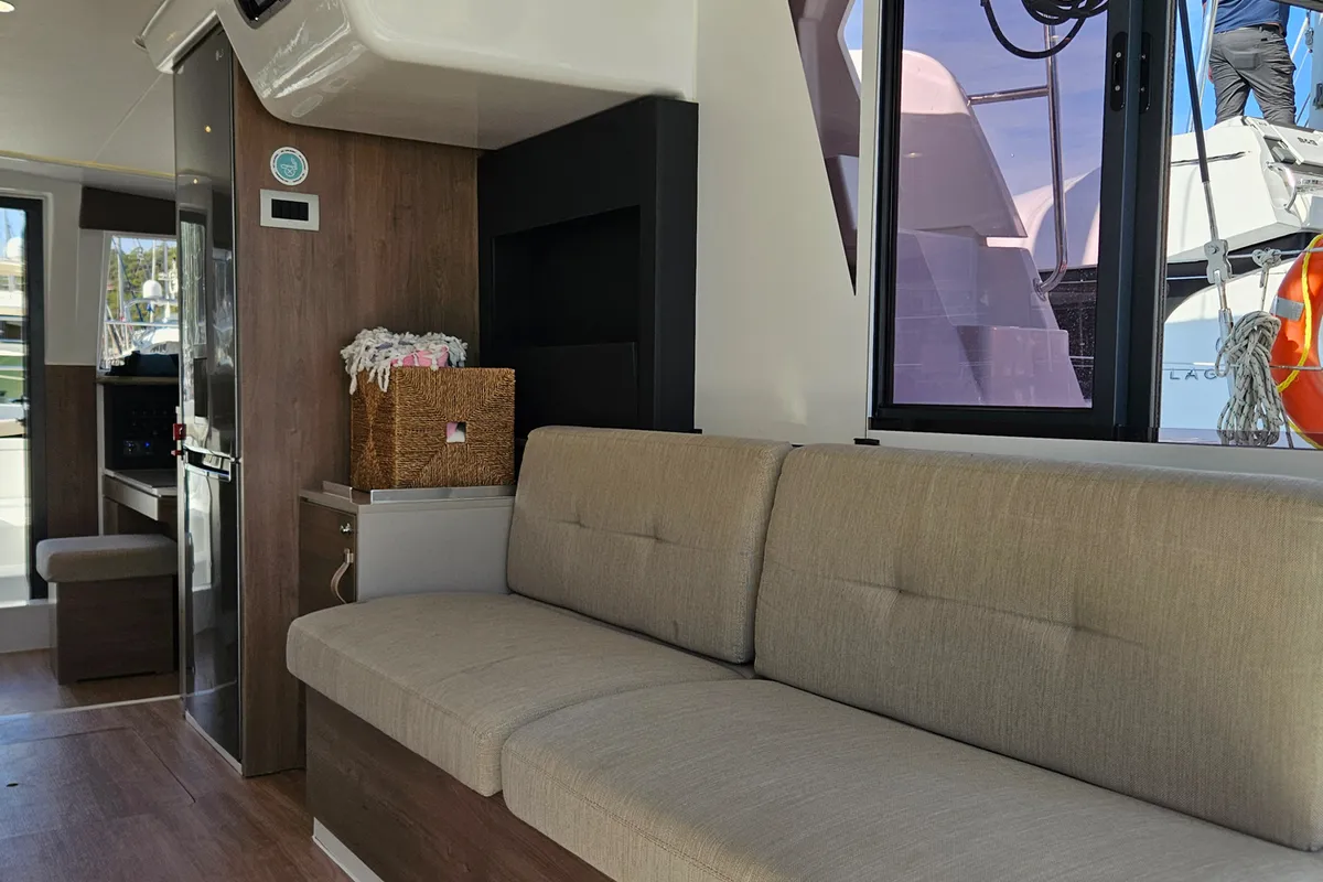 Salon of Sah Mat, a Bali 4.2 OW catamaran at Fethiye, Turkey