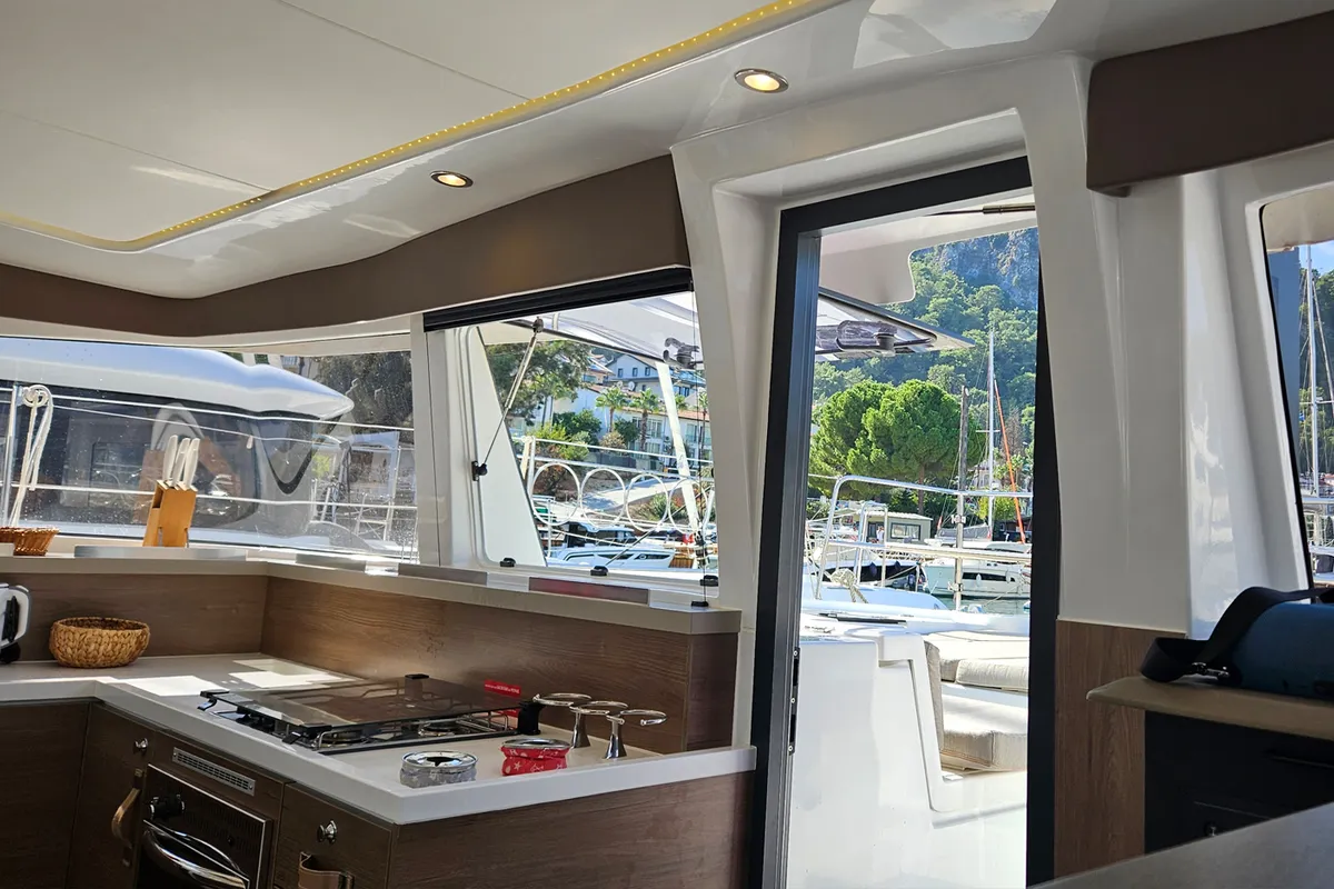 Galley of Sah Mat, a Bali 4.2 OW catamaran at Fethiye, Turkey