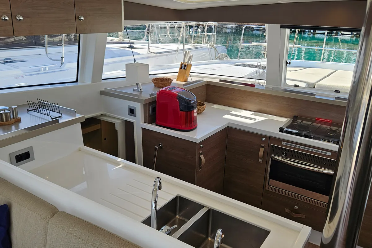 Galley of Sah Mat, a Bali 4.2 OW catamaran at Fethiye, Turkey