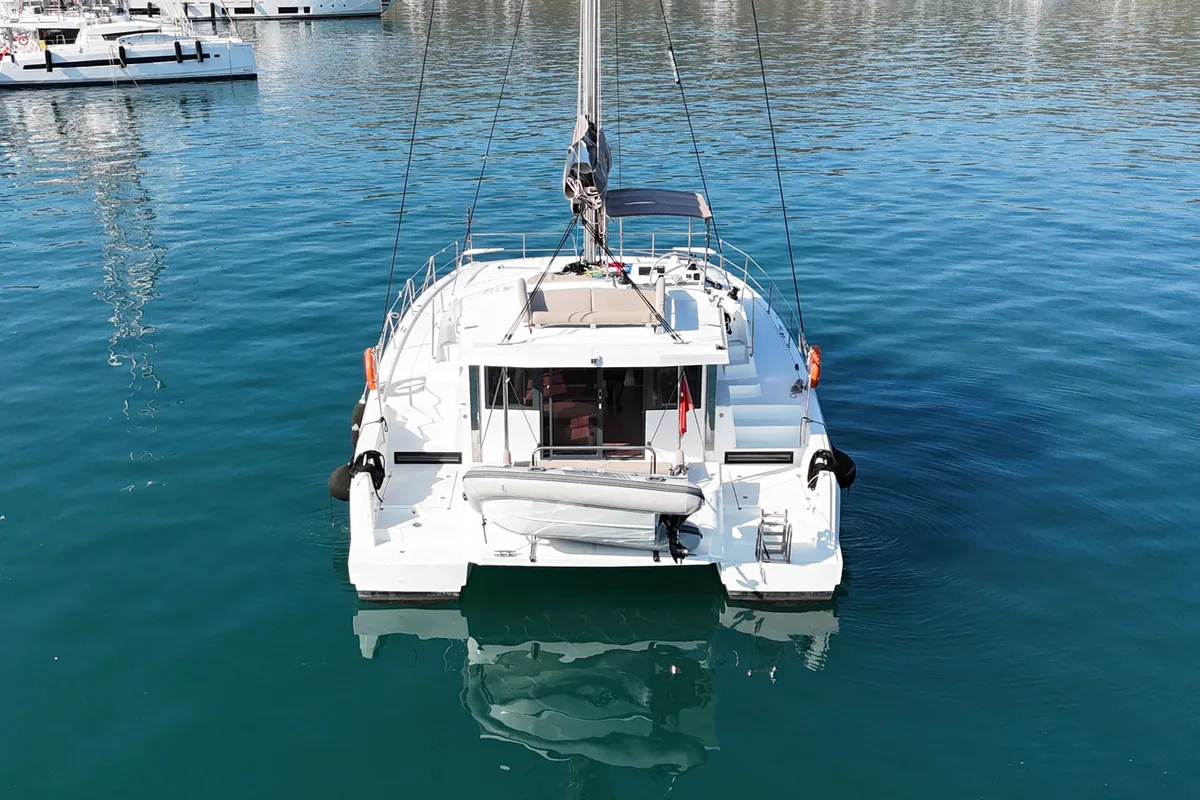 Exterior view of Sah Mat, a Bali 4.2 OW catamaran at Fethiye, Turkey