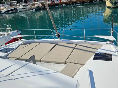 Deck of Sah Mat, a Bali 4.2 OW catamaran at Fethiye, Turkey