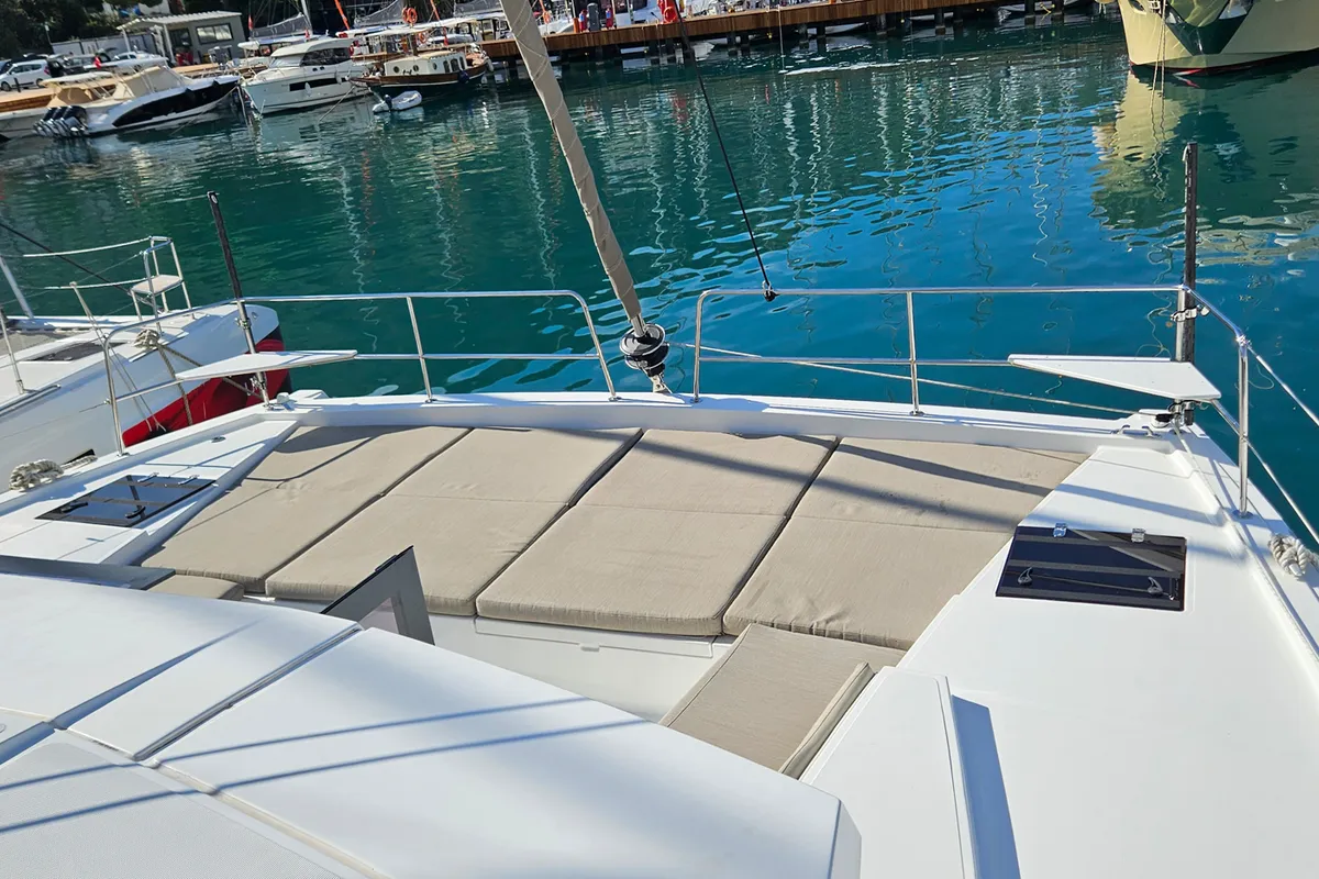 Deck of Sah Mat, a Bali 4.2 OW catamaran at Fethiye, Turkey