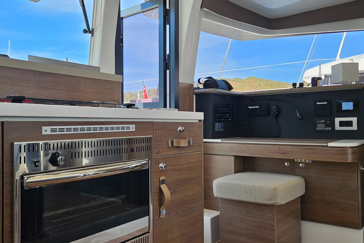 Galley of Sah Mat, a Bali 4.2 OW catamaran at Fethiye, Turkey