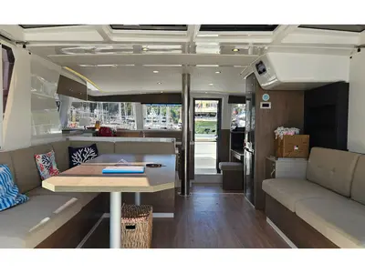 Salon of Sah Mat, a Bali 4.2 OW catamaran at Fethiye, Turkey