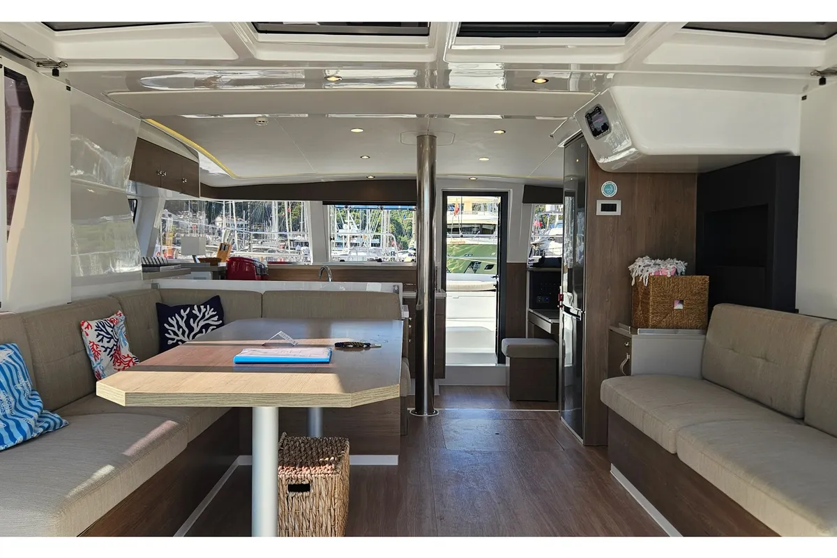 Salon of Sah Mat, a Bali 4.2 OW catamaran at Fethiye, Turkey