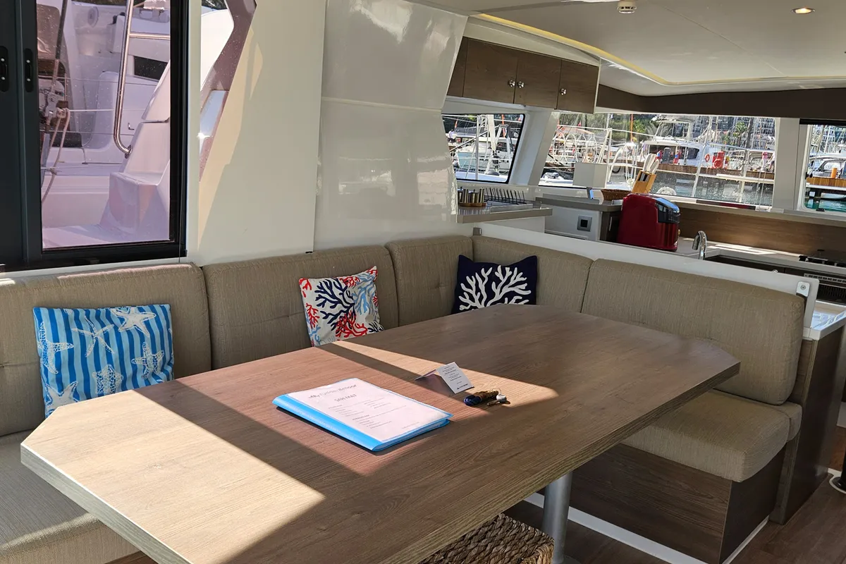 Salon of Sah Mat, a Bali 4.2 OW catamaran at Fethiye, Turkey