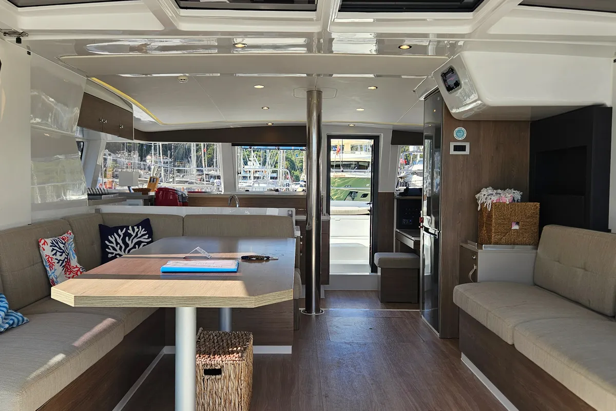 Salon of Sah Mat, a Bali 4.2 OW catamaran at Fethiye, Turkey