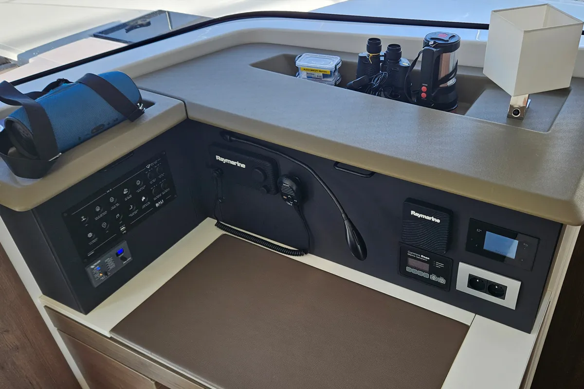 Cockpit of Sah Mat, a Bali 4.2 OW catamaran at Fethiye, Turkey