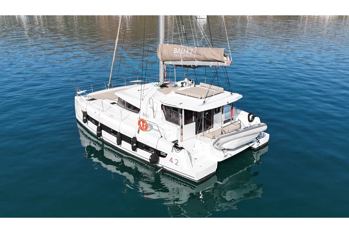 Exterior view of Sah Mat, a Bali 4.2 OW catamaran at Fethiye, Turkey
