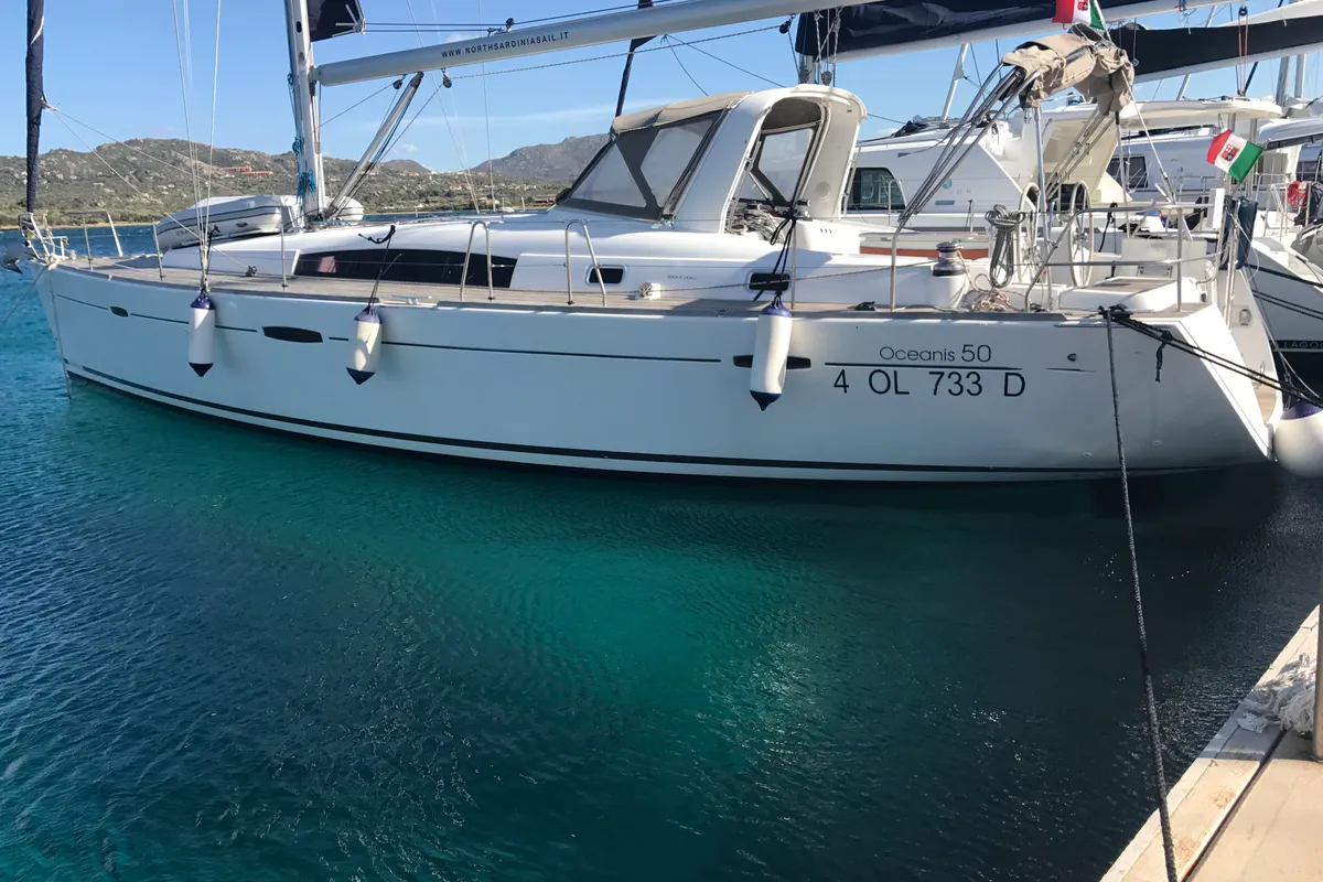 Exterior view of Spica, a Beneteau Oceanis 50 Family sailboat at Olbia, Italy