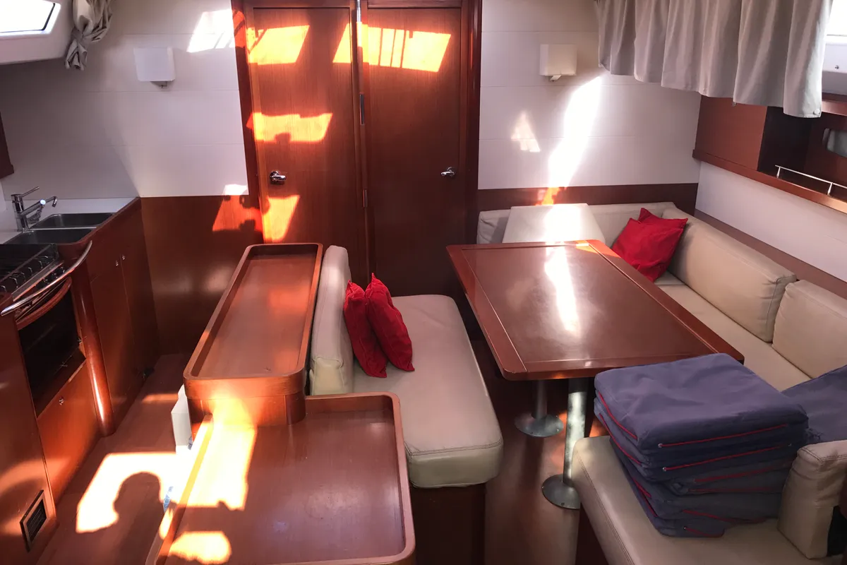 Salon of Spica, a Beneteau Oceanis 50 Family sailboat at Olbia, Italy
