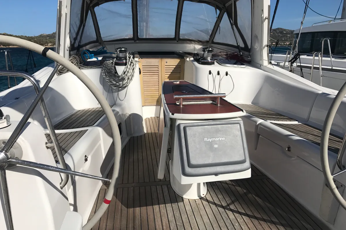 Cockpit of Spica, a Beneteau Oceanis 50 Family sailboat at Olbia, Italy
