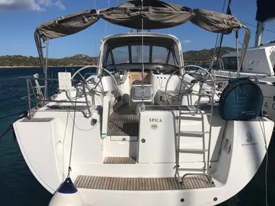Cockpit of Spica, a Beneteau Oceanis 50 Family sailboat at Olbia, Italy