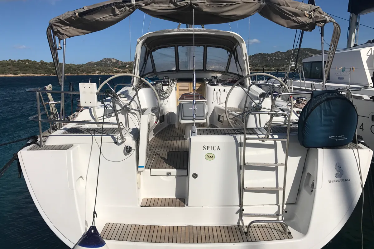 Cockpit of Spica, a Beneteau Oceanis 50 Family sailboat at Olbia, Italy
