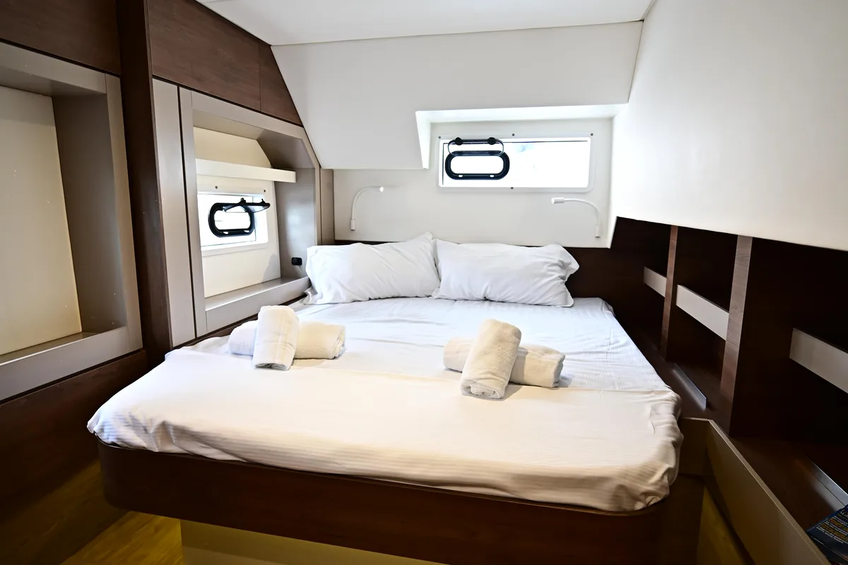 Cabin on Cloe, a Bali 4.6 catamaran at Olbia, Italy