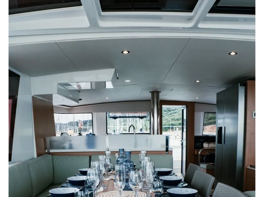Salon of Cloe, a Bali 4.6 catamaran at Olbia, Italy