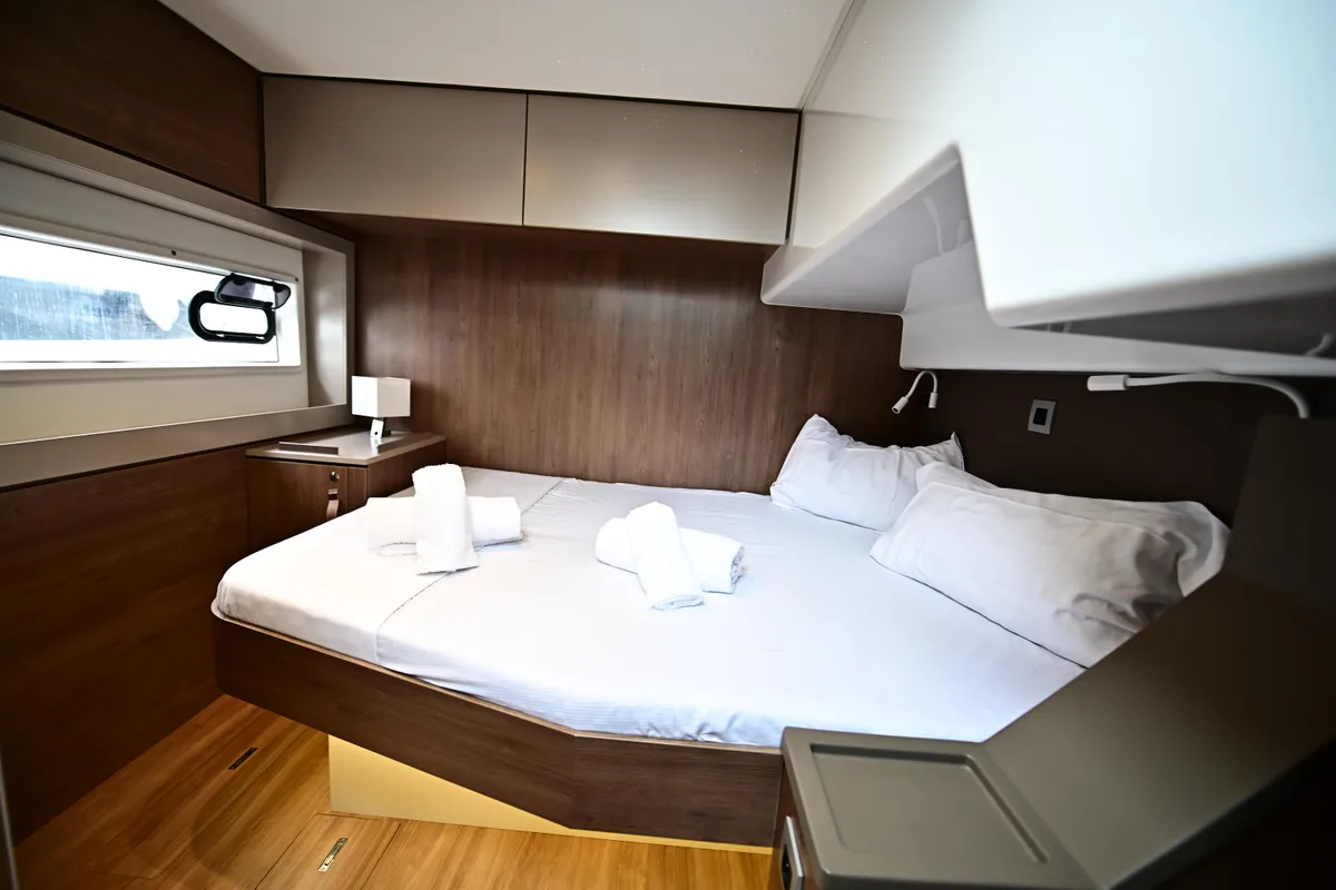 Cabin on Cloe, a Bali 4.6 catamaran at Olbia, Italy