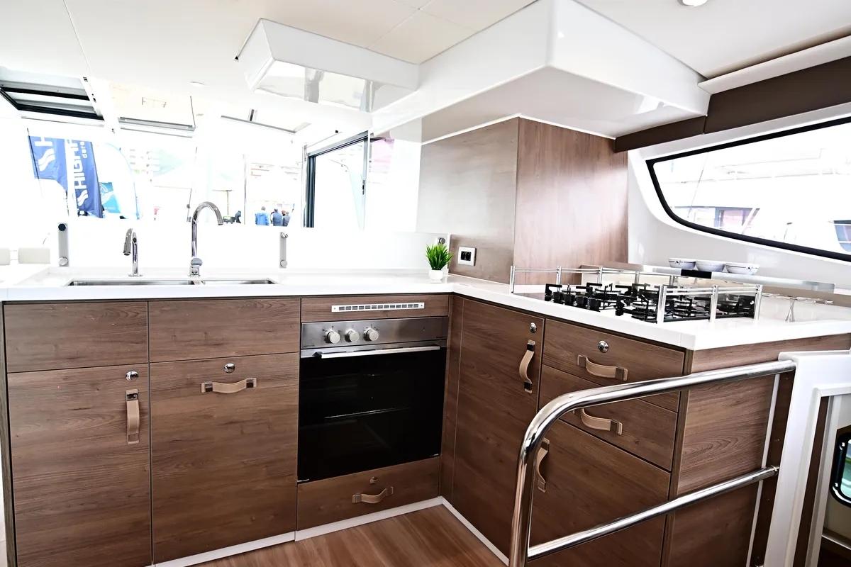 Galley of Cloe, a Bali 4.6 catamaran at Olbia, Italy