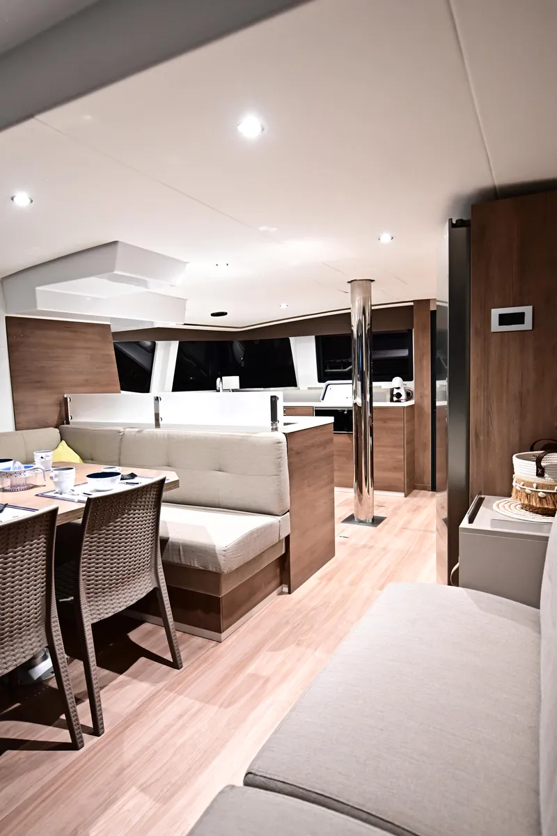 Salon of Cloe, a Bali 4.6 catamaran at Olbia, Italy