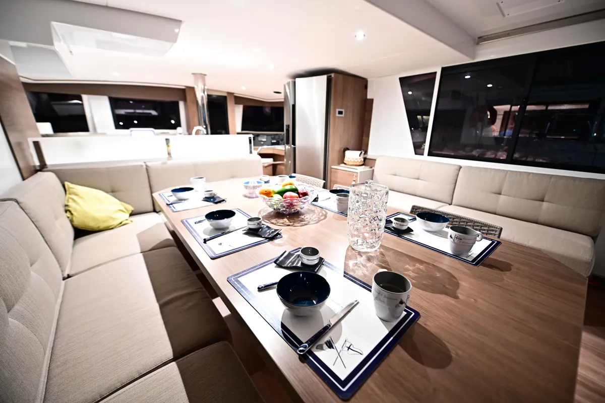 Salon of Cloe, a Bali 4.6 catamaran at Olbia, Italy
