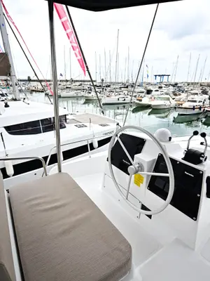 Cockpit of Cloe, a Bali 4.6 catamaran at Olbia, Italy