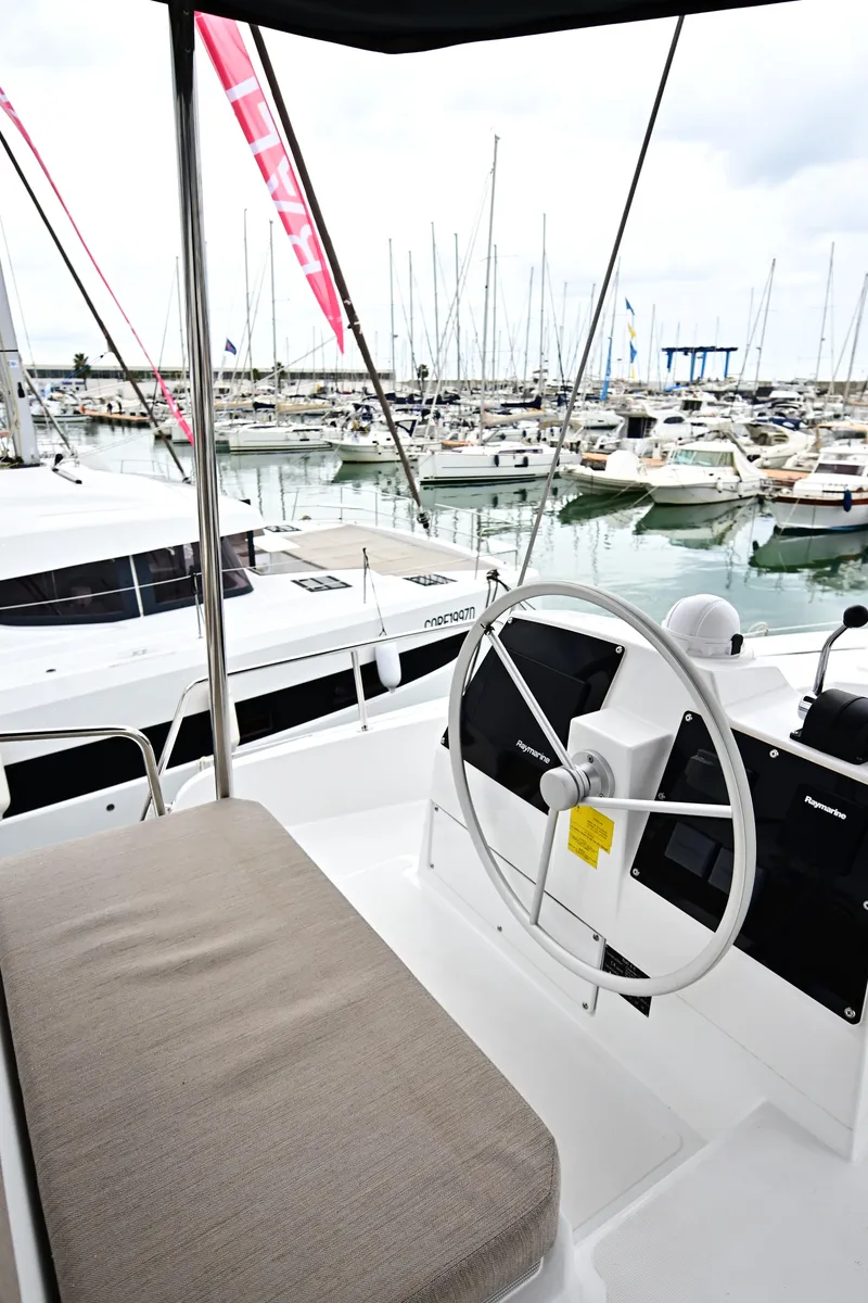 Cockpit of Cloe, a Bali 4.6 catamaran at Olbia, Italy