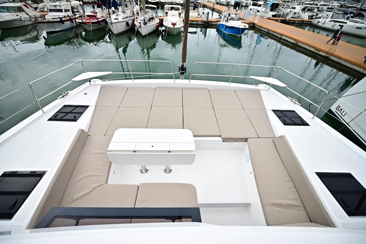 Deck of Cloe, a Bali 4.6 catamaran at Olbia, Italy