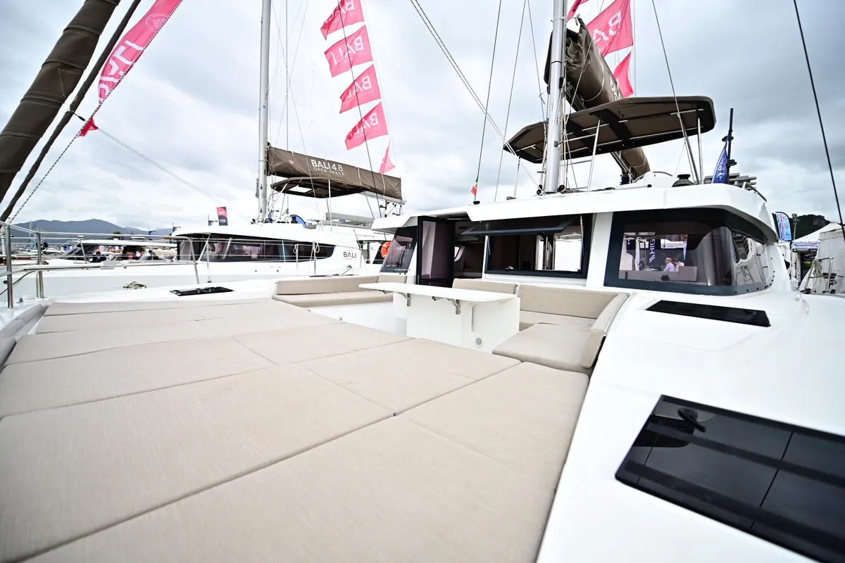 Exterior view of Cloe, a Bali 4.6 catamaran at Olbia, Italy