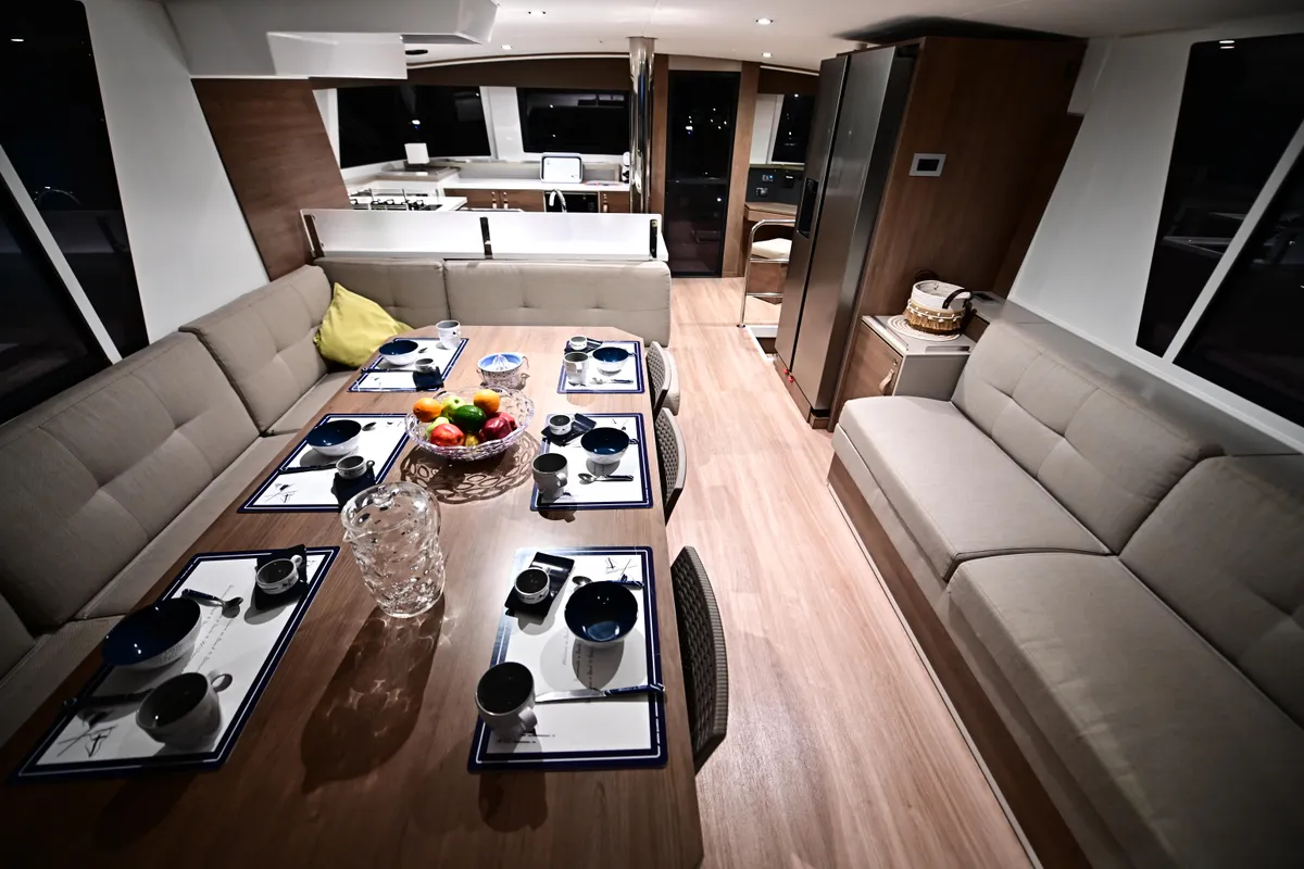 Salon of Cloe, a Bali 4.6 catamaran at Olbia, Italy