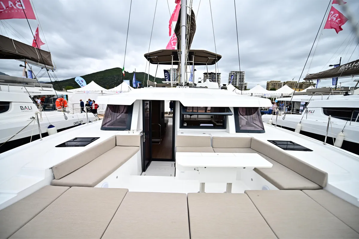Exterior view of Cloe, a Bali 4.6 catamaran at Olbia, Italy