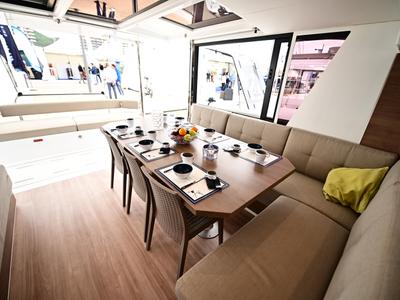 Salon of Cloe, a Bali 4.6 catamaran at Olbia, Italy