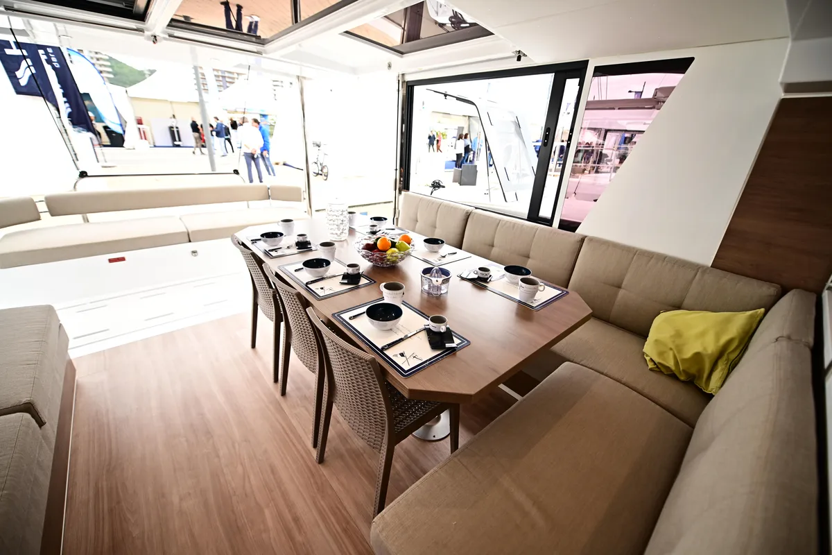 Salon of Cloe, a Bali 4.6 catamaran at Olbia, Italy