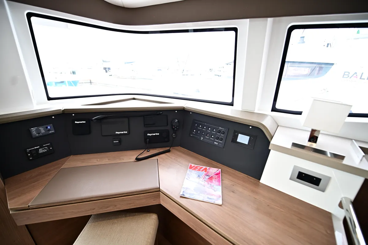 Cockpit of Cloe, a Bali 4.6 catamaran at Olbia, Italy