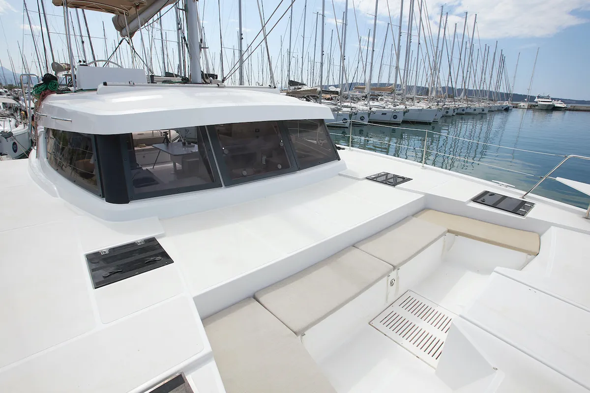 Deck of Meme, a Bali Catspace catamaran at Grad Kaštela, Croatia