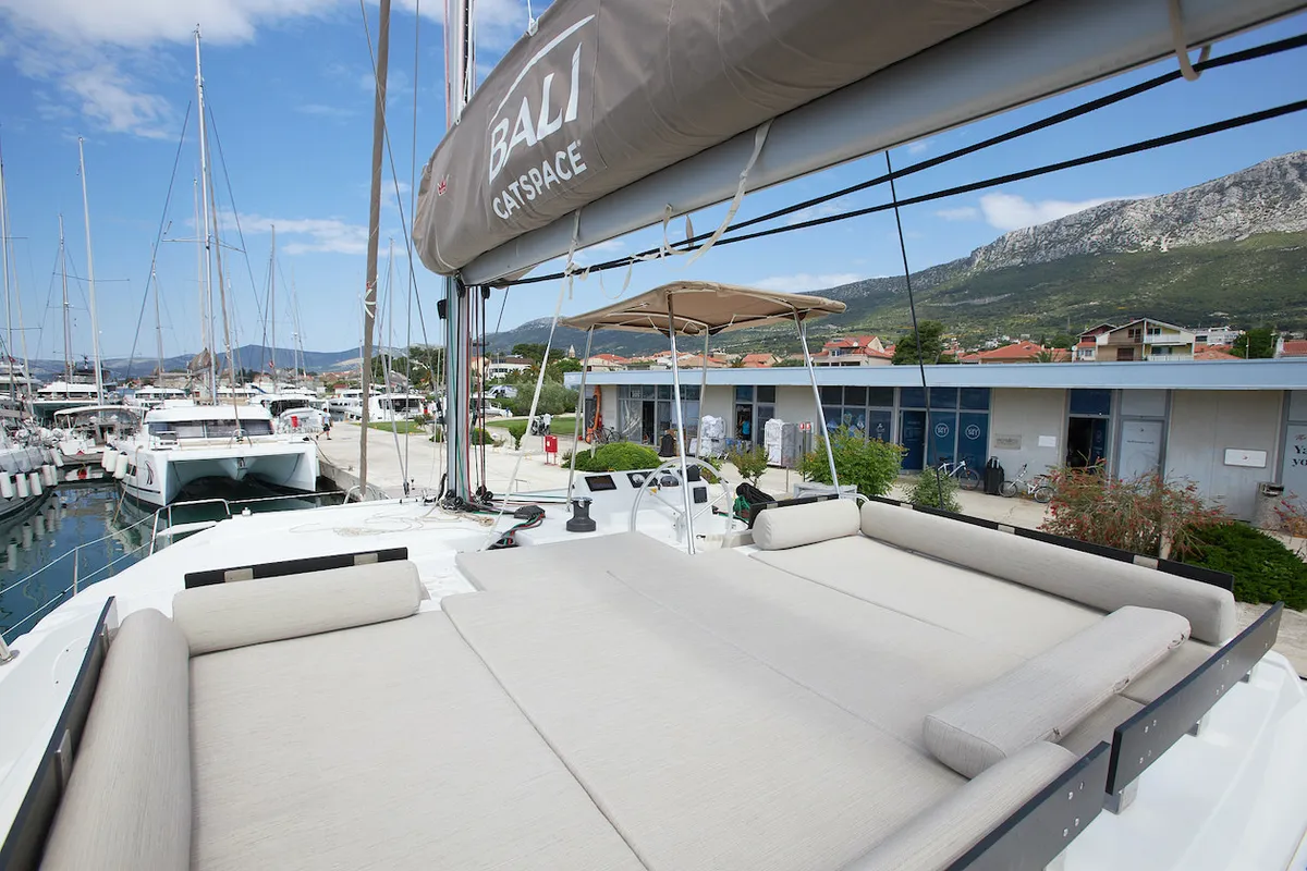 Deck of Meme, a Bali Catspace catamaran at Grad Kaštela, Croatia