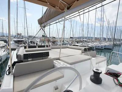 Deck of Meme, a Bali Catspace catamaran at Grad Kaštela, Croatia