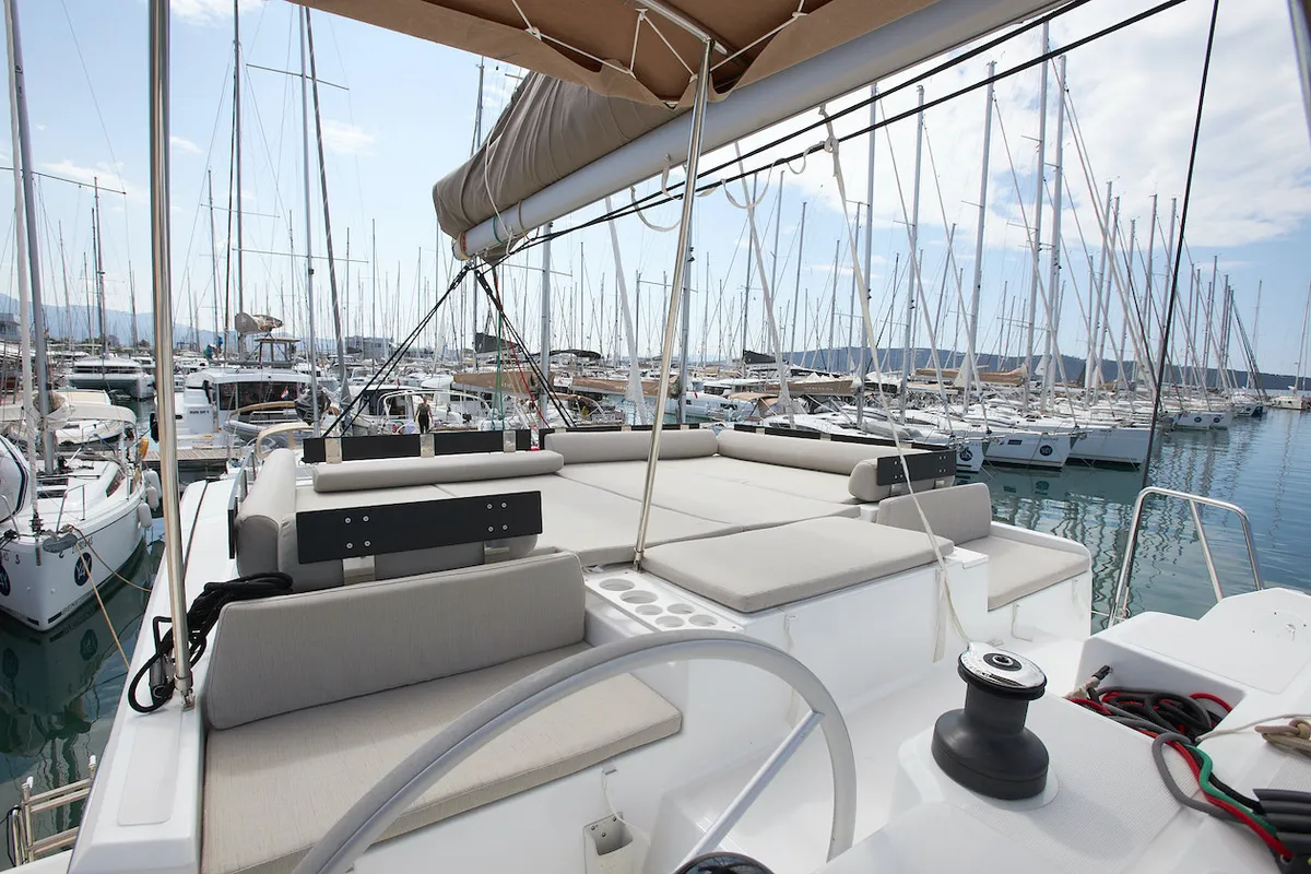 Deck of Meme, a Bali Catspace catamaran at Grad Kaštela, Croatia