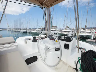 Cockpit of Meme, a Bali Catspace catamaran at Grad Kaštela, Croatia