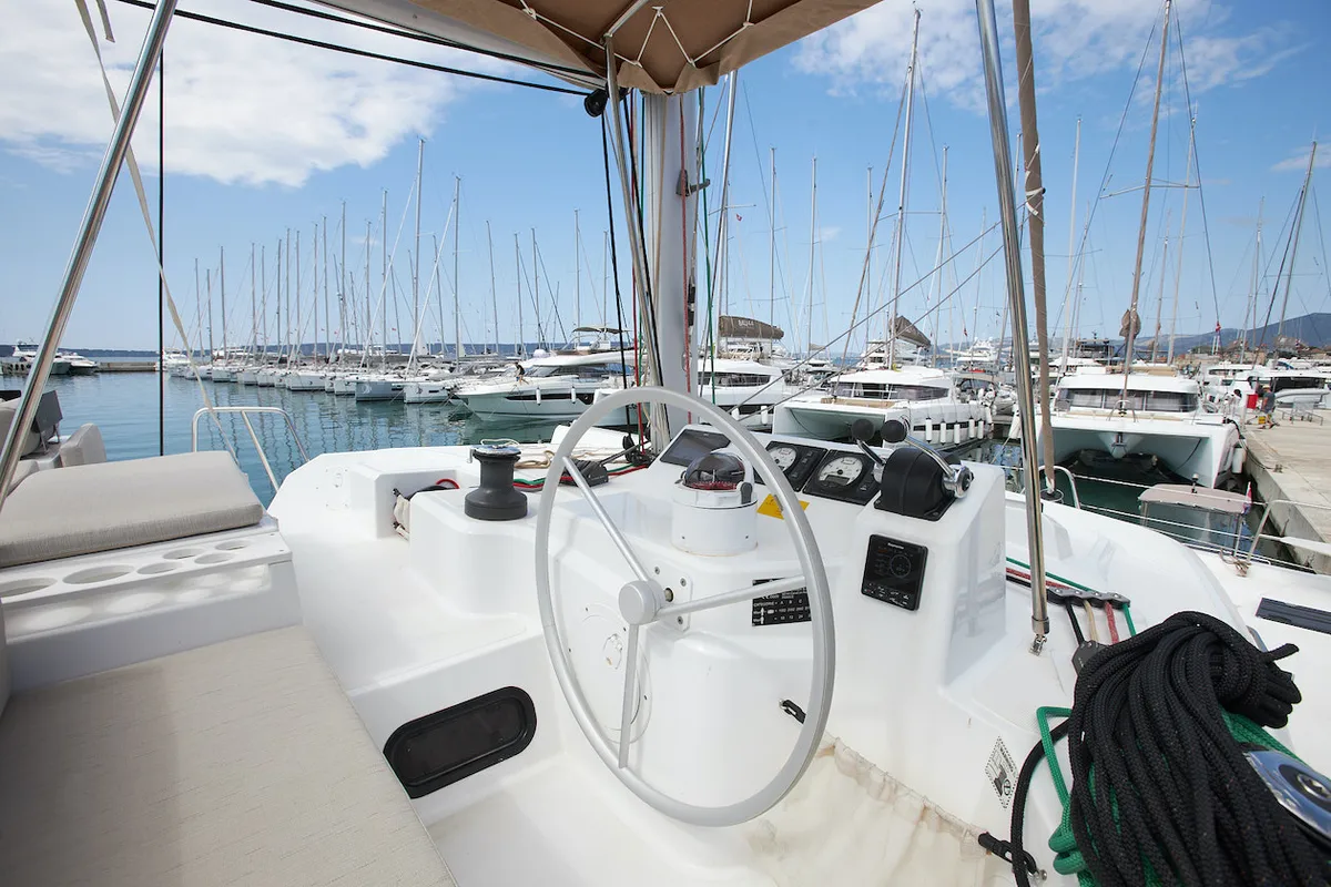 Cockpit of Meme, a Bali Catspace catamaran at Grad Kaštela, Croatia