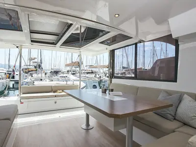 Salon of Meme, a Bali Catspace catamaran at Grad Kaštela, Croatia